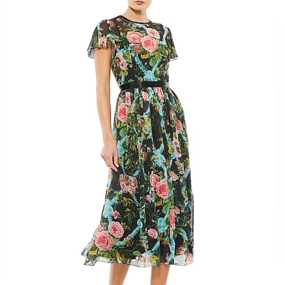 Mac Duggal Dresses & Skirts - Mac Duggal NWT Floral Print Chiffon Midi Dress Flutter Sleeve Size 12 FLAW
